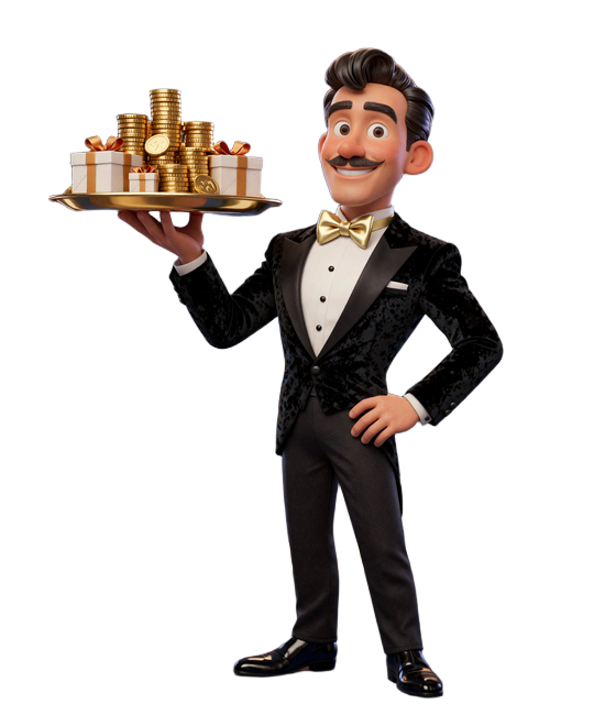 Lounge-Host Maskottchen im Smoking pr&auml;sentiert goldenen Bonus-Tablett mit &euro;15.000 Willkommenspaket im SlotLounge Casino